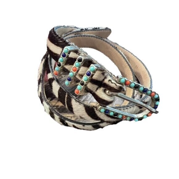 LEATHEROCK Calf-Hair Leather Animal Print Belt USA Size Medium Beaded BOHO EUC‎